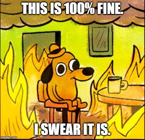 This is fine | THIS IS 100% FINE. I SWEAR IT IS. | image tagged in this is fine | made w/ Imgflip meme maker