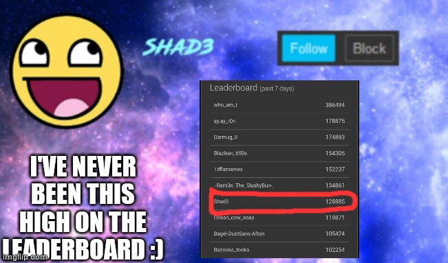 Shad3 announcement template | I'VE NEVER BEEN THIS HIGH ON THE LEADERBOARD :) | image tagged in shad3 announcement template | made w/ Imgflip meme maker