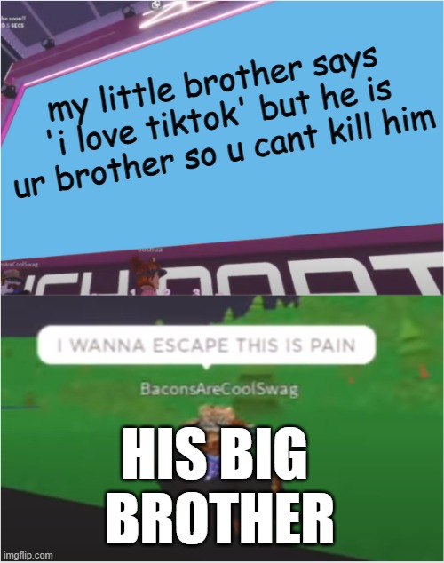 hiring hitman | my little brother says 'i love tiktok' but he is ur brother so u cant kill him; HIS BIG 
BROTHER | image tagged in ''i wanna escape this pain'' meme | made w/ Imgflip meme maker