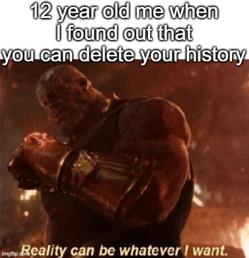 i forgot what to put here | 12 year old me when I found out that you can delete your history | image tagged in reality can be whatever i want,lol | made w/ Imgflip meme maker