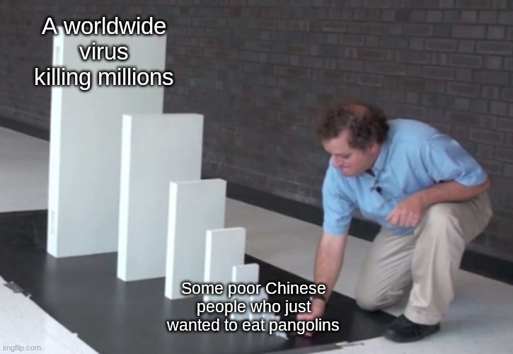 The start of covid | A worldwide virus killing millions; Some poor Chinese people who just wanted to eat pangolins | image tagged in domino effect,lol,kid friendly,so true | made w/ Imgflip meme maker