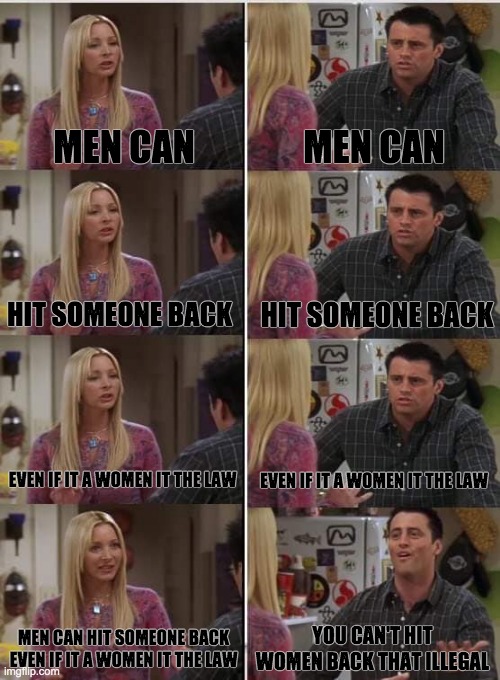 i hate those sexism's people with there bullshit | MEN CAN; MEN CAN; HIT SOMEONE BACK; HIT SOMEONE BACK; EVEN IF IT A WOMEN IT THE LAW; EVEN IF IT A WOMEN IT THE LAW; YOU CAN'T HIT WOMEN BACK THAT ILLEGAL; MEN CAN HIT SOMEONE BACK EVEN IF IT A WOMEN IT THE LAW | image tagged in phoebe joey,memes,true,stop it get some help | made w/ Imgflip meme maker