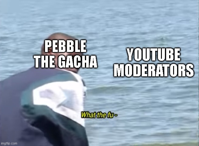 Great news: Pebble the gacha and shey got terminated! | PEBBLE THE GACHA; YOUTUBE MODERATORS | image tagged in what the fu- | made w/ Imgflip meme maker