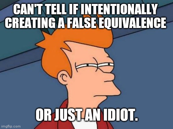 Futurama Fry Meme | CAN'T TELL IF INTENTIONALLY 
CREATING A FALSE EQUIVALENCE OR JUST AN IDIOT. | image tagged in memes,futurama fry | made w/ Imgflip meme maker