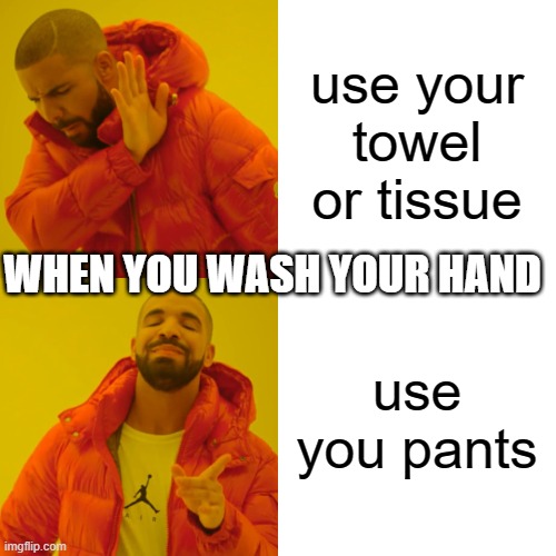 Drake Hotline Bling Meme | use your towel or tissue; WHEN YOU WASH YOUR HAND; use you pants | image tagged in memes,drake hotline bling | made w/ Imgflip meme maker