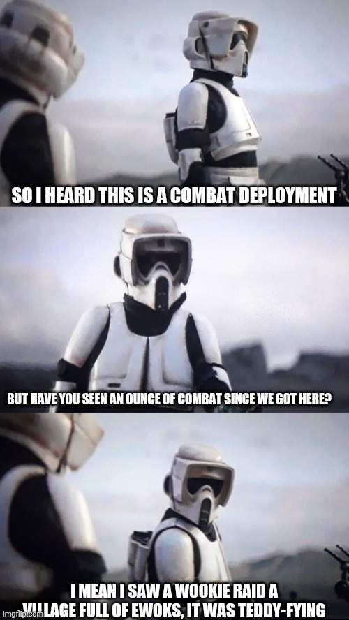 Storm Trooper Conversation | SO I HEARD THIS IS A COMBAT DEPLOYMENT; BUT HAVE YOU SEEN AN OUNCE OF COMBAT SINCE WE GOT HERE? I MEAN I SAW A WOOKIE RAID A VILLAGE FULL OF EWOKS, IT WAS TEDDY-FYING | image tagged in storm trooper conversation | made w/ Imgflip meme maker