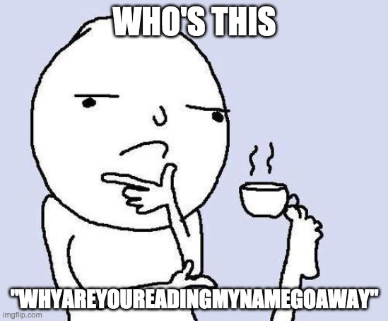 who is that guy? | WHO'S THIS; "WHYAREYOUREADINGMYNAMEGOAWAY" | image tagged in thinking meme | made w/ Imgflip meme maker