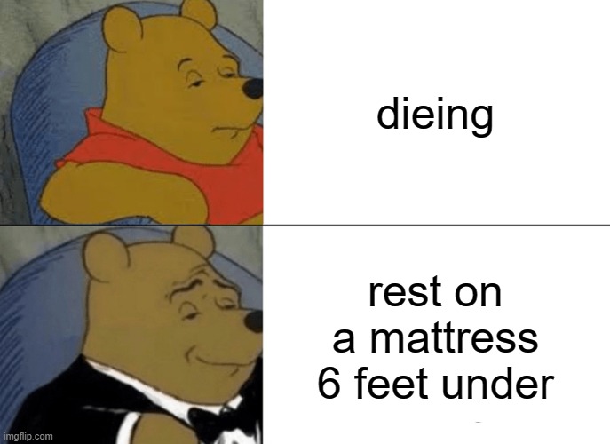 true | dieing; rest on a mattress 6 feet under | image tagged in memes,tuxedo winnie the pooh | made w/ Imgflip meme maker