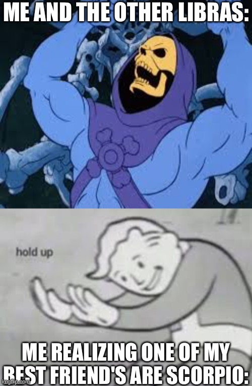 ME AND THE OTHER LIBRAS: ME REALIZING ONE OF MY BEST FRIEND'S ARE SCORPIO: | image tagged in evil laugh skeletor | made w/ Imgflip meme maker