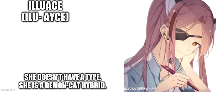 Illuace | ILLUACE
(ILU- AYCE); SHE DOESN'T HAVE A TYPE.
SHE IS A DEMON-CAT HYBRID. | image tagged in blank white template | made w/ Imgflip meme maker