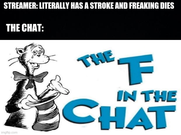 The F In The Chat | STREAMER: LITERALLY HAS A STROKE AND FREAKING DIES; THE CHAT: | image tagged in memes | made w/ Imgflip meme maker