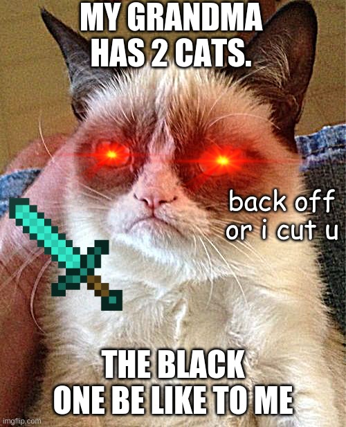 i just wanna pet u y u no let me :( | MY GRANDMA HAS 2 CATS. back off or i cut u; THE BLACK ONE BE LIKE TO ME | image tagged in memes,grumpy cat | made w/ Imgflip meme maker
