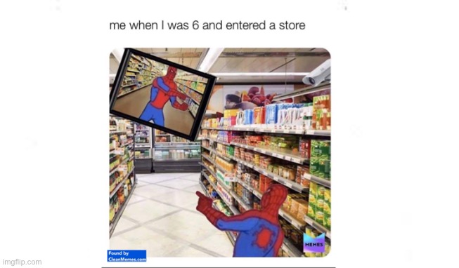 Ya 6. Haha. O_O | image tagged in spiderman pointing at spiderman,grocery store,camera | made w/ Imgflip meme maker