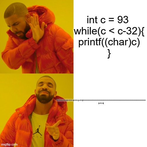 Brainfuck coders be like | int c = 93 
while(c < c-32){
printf((char)c)
}; ++++++++++[>+++<-]>+++.[-<+>]+++++++++++++++++++++++++++++++++++++++++++++++++++++++++++++
[-<+.>] | image tagged in memes,drake hotline bling | made w/ Imgflip meme maker