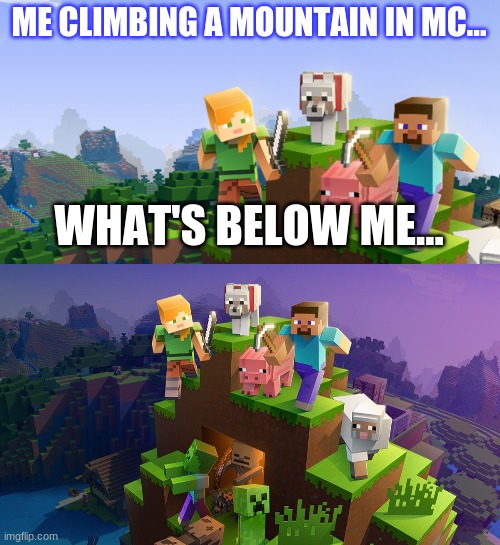 Climbing mountains in minecraft be like. | ME CLIMBING A MOUNTAIN IN MC... WHAT'S BELOW ME... | image tagged in funny | made w/ Imgflip meme maker