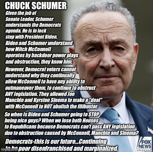 chuck schumer | CHUCK SCHUMER; Given the job of Senate Leader, Schumer understands the Democrats agenda. He is in lock step with President Biden. Biden and Schumer understand how Mitch McConnell operates by backdoor power plays and obstruction, they know him. However, Democrat voters cannot understand why they continually allow McConnell to have any ability to outmaneuver them, to continue to obstruct ANY legislation. They allowed Joe Manchin and Kyrsten Sinema to make a “deal” with McConnell to NOT abolish the filibuster. So when is Biden and Schumer going to STOP
being nice guys? When we lose both Houses
to Republicans because Democrats can’t pass ANY legislation
due to obstruction caused by McConnell, Manchin and Sinema? Democrats-this is our future...Continuing to be poor disenfranchised and marginalized. | image tagged in chuck schumer | made w/ Imgflip meme maker