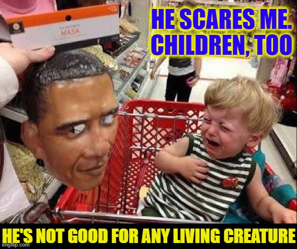 ...and, then again, there are folks that love him | HE SCARES ME.
CHILDREN, TOO; HE'S NOT GOOD FOR ANY LIVING CREATURE | image tagged in vince vance,halloween,masks,barack obama,crying baby,memes | made w/ Imgflip meme maker