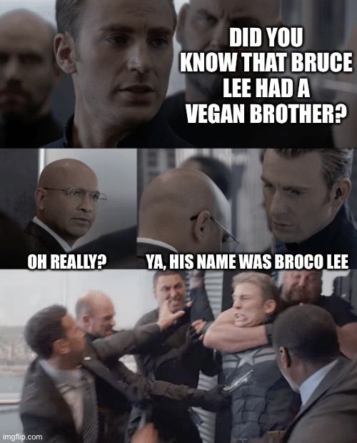 Bruce Lee’s Brother | DID YOU KNOW THAT BRUCE LEE HAD A VEGAN BROTHER? OH REALLY? YA, HIS NAME WAS BROCO LEE | image tagged in captain america elevator,bruce lee,dad joke,vegan | made w/ Imgflip meme maker