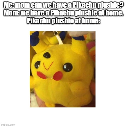 Me: mom can we have a Pikachu plushie?
Mom: we have a Pikachu plushie at home.
Pikachu plushie at home: | image tagged in bruh | made w/ Imgflip meme maker