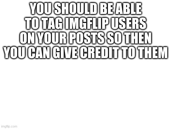 hi | YOU SHOULD BE ABLE TO TAG IMGFLIP USERS ON YOUR POSTS SO THEN YOU CAN GIVE CREDIT TO THEM | image tagged in blank white template,tags | made w/ Imgflip meme maker