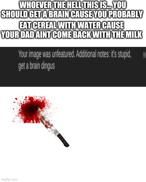 Blank Transparent Square Meme | WHOEVER THE HELL THIS IS... YOU SHOULD GET A BRAIN CAUSE YOU PROBABLY; EAT CEREAL WITH WATER CAUSE YOUR DAD AINT COME BACK WITH THE MILK | image tagged in memes,blank transparent square | made w/ Imgflip meme maker
