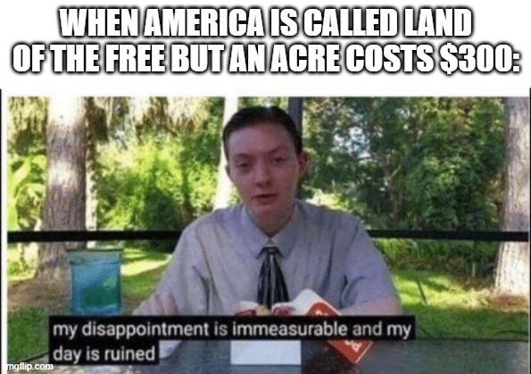 My dissapointment is immeasurable and my day is ruined | WHEN AMERICA IS CALLED LAND OF THE FREE BUT AN ACRE COSTS $300: | image tagged in my dissapointment is immeasurable and my day is ruined | made w/ Imgflip meme maker
