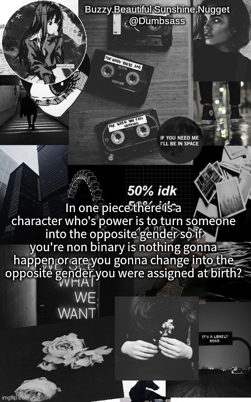 Stupid question go brrr | In one piece there is a character who's power is to turn someone into the opposite gender so if you're non binary is nothing gonna happen or are you gonna change into the opposite gender you were assigned at birth? | image tagged in black aesthetic temp | made w/ Imgflip meme maker