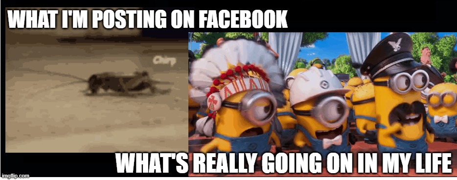 the crazy you don't see | WHAT I'M POSTING ON FACEBOOK; WHAT'S REALLY GOING ON IN MY LIFE | image tagged in minions,crazy | made w/ Imgflip meme maker