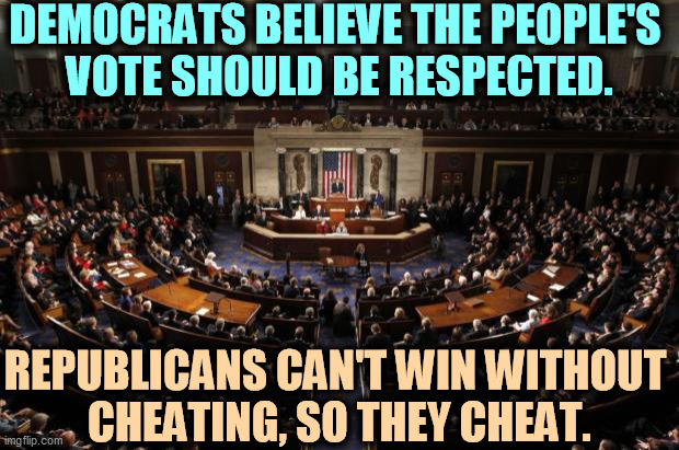 GOP = jerks. | DEMOCRATS BELIEVE THE PEOPLE'S 
VOTE SHOULD BE RESPECTED. REPUBLICANS CAN'T WIN WITHOUT 
CHEATING, SO THEY CHEAT. | image tagged in congress,democrats,serious,republicans,jerks | made w/ Imgflip meme maker