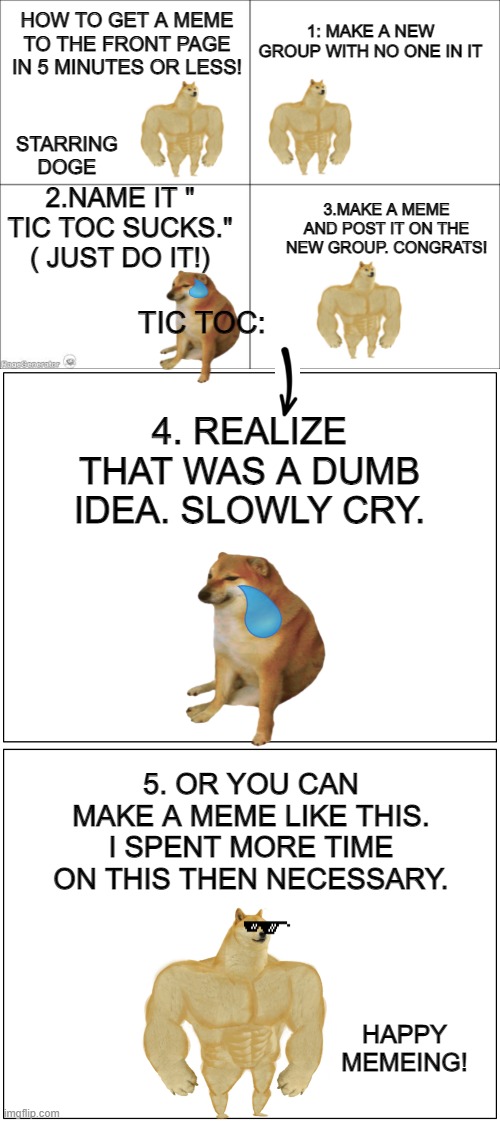 Such smart. Much front page. Nice memes. | 1: MAKE A NEW GROUP WITH NO ONE IN IT; HOW TO GET A MEME TO THE FRONT PAGE IN 5 MINUTES OR LESS! STARRING DOGE; 3.MAKE A MEME AND POST IT ON THE NEW GROUP. CONGRATS! 2.NAME IT " TIC TOC SUCKS." ( JUST DO IT!); TIC TOC:; 4. REALIZE THAT WAS A DUMB IDEA. SLOWLY CRY. 5. OR YOU CAN MAKE A MEME LIKE THIS. I SPENT MORE TIME ON THIS THEN NECESSARY. HAPPY MEMEING! | image tagged in 4 panel comic,doge,group projects,front page,good memes,infinite iq | made w/ Imgflip meme maker