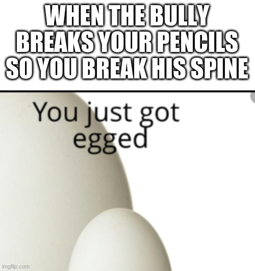 egg egg makes u crecc | WHEN THE BULLY BREAKS YOUR PENCILS SO YOU BREAK HIS SPINE | image tagged in you just got egged | made w/ Imgflip meme maker