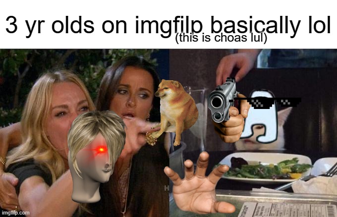 Woman Yelling At Cat Meme | 3 yr olds on imgfilp basically lol; (this is choas lul) | image tagged in memes,woman yelling at cat | made w/ Imgflip meme maker