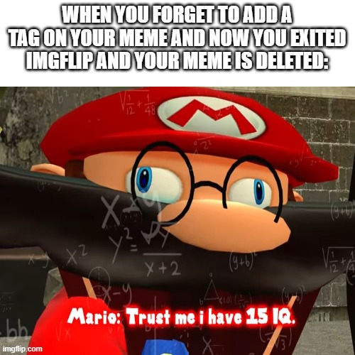 It happens | WHEN YOU FORGET TO ADD A TAG ON YOUR MEME AND NOW YOU EXITED IMGFLIP AND YOUR MEME IS DELETED: | image tagged in mario | made w/ Imgflip meme maker