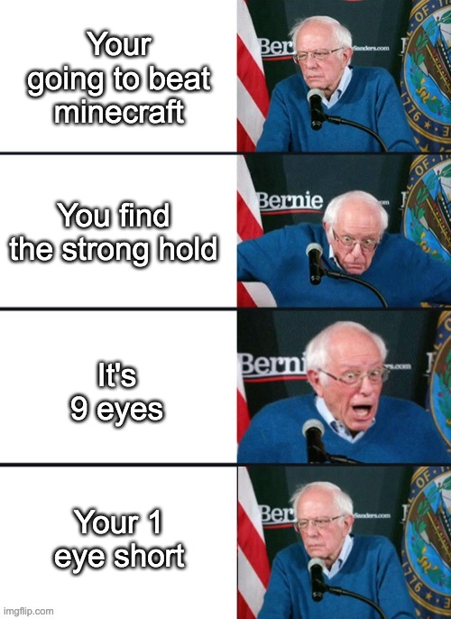 b r u h | Your going to beat minecraft; You find the strong hold; It's 9 eyes; Your 1 eye short | image tagged in bernie sander reaction change | made w/ Imgflip meme maker