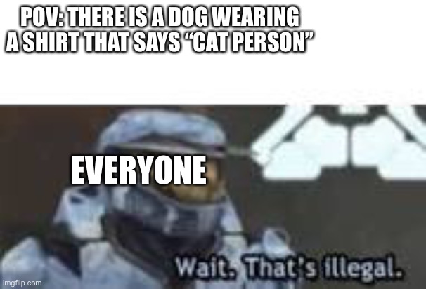 Wait a minute | POV: THERE IS A DOG WEARING A SHIRT THAT SAYS “CAT PERSON”; EVERYONE | image tagged in wait that's illegal | made w/ Imgflip meme maker