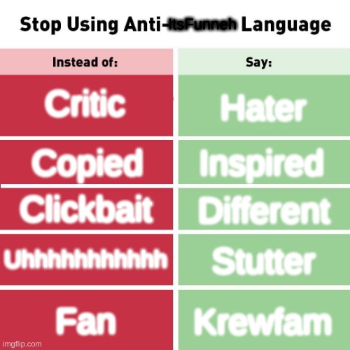 Stop using Anti Funneh language | ItsFunneh; Critic; Hater; Inspired; Copied; Clickbait; Different; Uhhhhhhhhhhh; Stutter; Fan; Krewfam | image tagged in stop using anti-animal language,itsfunneh,hater,weird,meme | made w/ Imgflip meme maker