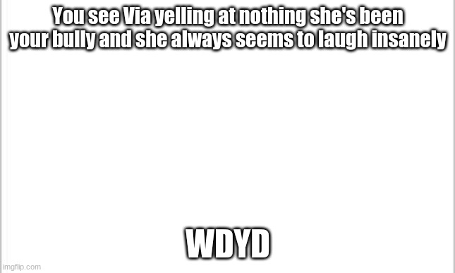 she's insane | You see Via yelling at nothing she's been your bully and she always seems to laugh insanely; WDYD | image tagged in white background | made w/ Imgflip meme maker