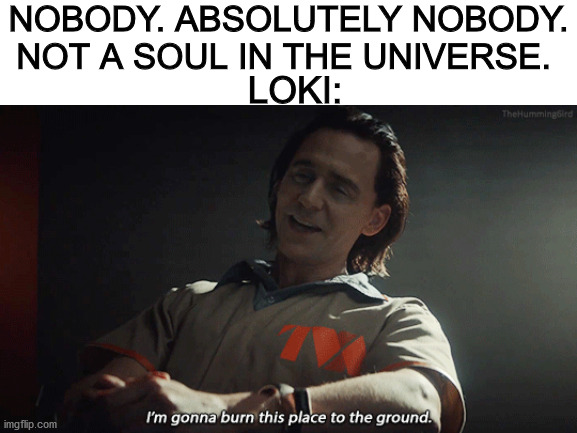 He's so unpredictable, that's what makes him so funny. | NOBODY. ABSOLUTELY NOBODY. NOT A SOUL IN THE UNIVERSE. LOKI: | image tagged in loki | made w/ Imgflip meme maker
