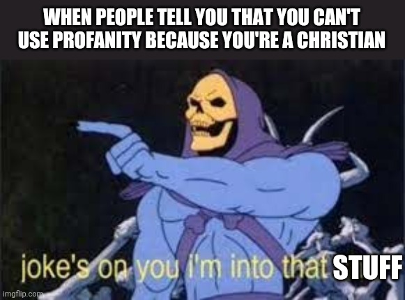 Jokes on you im into that shit | WHEN PEOPLE TELL YOU THAT YOU CAN'T USE PROFANITY BECAUSE YOU'RE A CHRISTIAN; STUFF | image tagged in jokes on you im into that shit | made w/ Imgflip meme maker