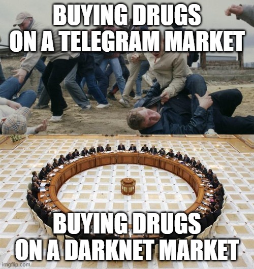 Men Discussing Men Fighting | BUYING DRUGS ON A TELEGRAM MARKET; BUYING DRUGS ON A DARKNET MARKET | image tagged in men discussing men fighting | made w/ Imgflip meme maker