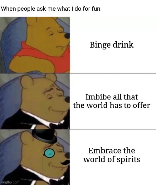 Depends who's asking. | When people ask me what I do for fun; Binge drink; Imbibe all that the world has to offer; Embrace the world of spirits | image tagged in fancy pooh,memes,fun | made w/ Imgflip meme maker