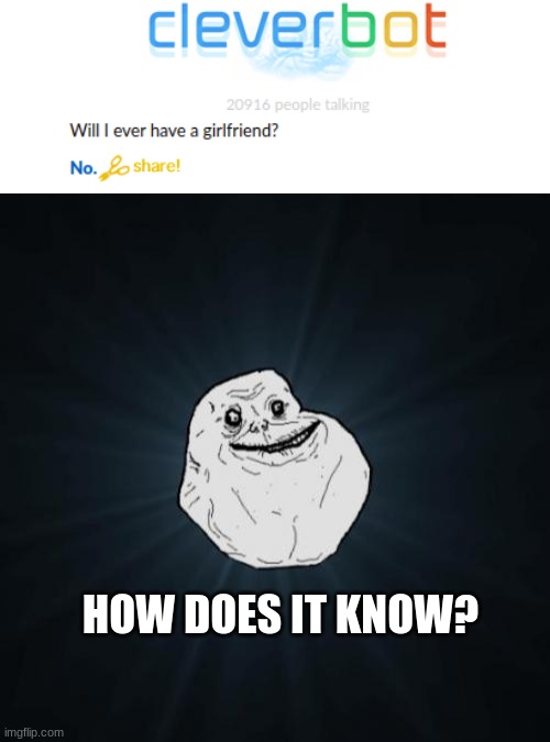 I just got roasted by an algorithm | HOW DOES IT KNOW? | image tagged in memes,forever alone,diss,roasted | made w/ Imgflip meme maker