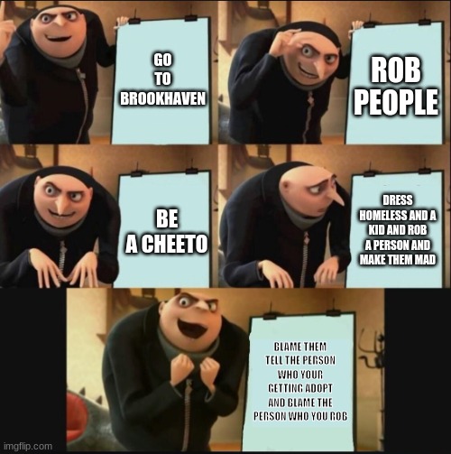 my great plan >:) | GO TO BROOKHAVEN; ROB PEOPLE; DRESS HOMELESS AND A KID AND ROB A PERSON AND MAKE THEM MAD; BE A CHEETO; BLAME THEM TELL THE PERSON WHO YOUR GETTING ADOPT AND BLAME THE PERSON WHO YOU ROB | image tagged in 5 panel gru meme | made w/ Imgflip meme maker