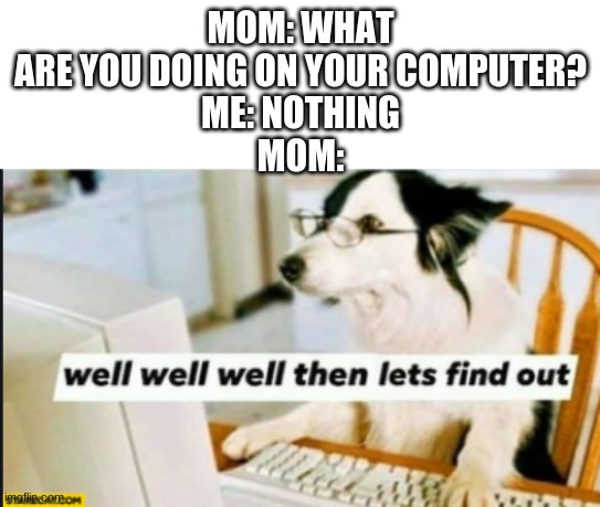 uh oh | MOM: WHAT ARE YOU DOING ON YOUR COMPUTER?
ME: NOTHING
MOM: | image tagged in well well well then lets find out | made w/ Imgflip meme maker
