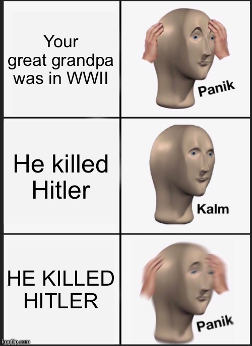 Wait a sec | Your great grandpa was in WWII; He killed Hitler; HE KILLED HITLER | image tagged in memes,panik kalm panik | made w/ Imgflip meme maker