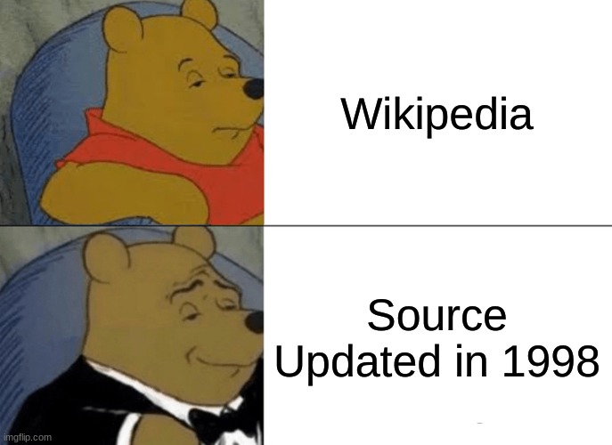 Teachers be like: | Wikipedia; Source Updated in 1998 | image tagged in memes,tuxedo winnie the pooh | made w/ Imgflip meme maker