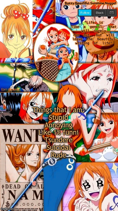 Nami temp tysm X-Virus :3 | Things that I am:
Stupid
Annoying
Like 1% funni
Tsundere
Suicidal
Rude | image tagged in nami temp tysm x-virus 3 | made w/ Imgflip meme maker