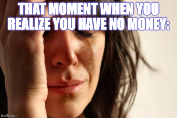 First World Problems Meme | THAT MOMENT WHEN YOU REALIZE YOU HAVE NO MONEY: | image tagged in memes,first world problems | made w/ Imgflip meme maker