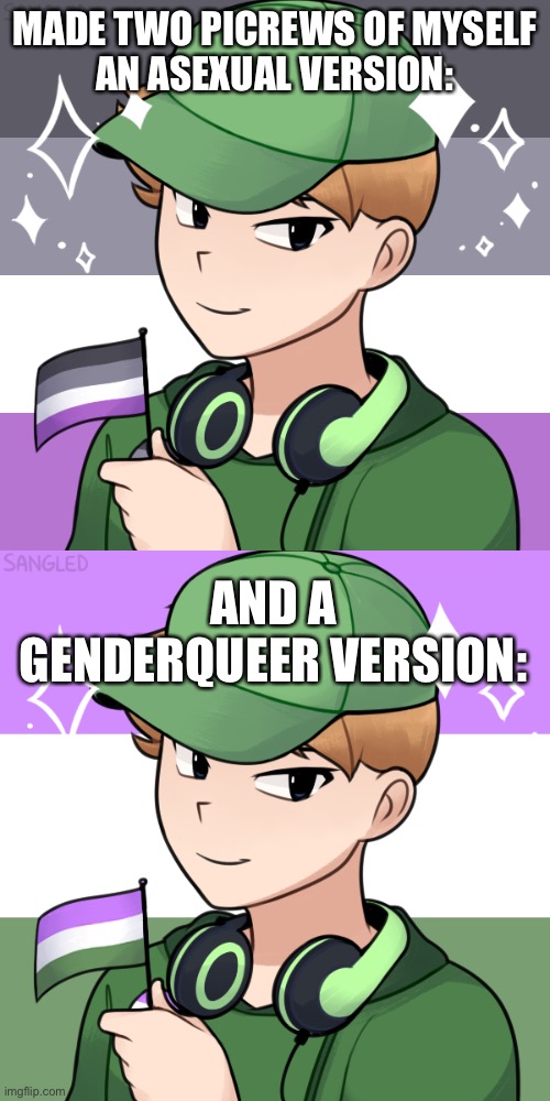 MADE TWO PICREWS OF MYSELF
AN ASEXUAL VERSION:; AND A GENDERQUEER VERSION: | image tagged in asexual,genderqueer | made w/ Imgflip meme maker