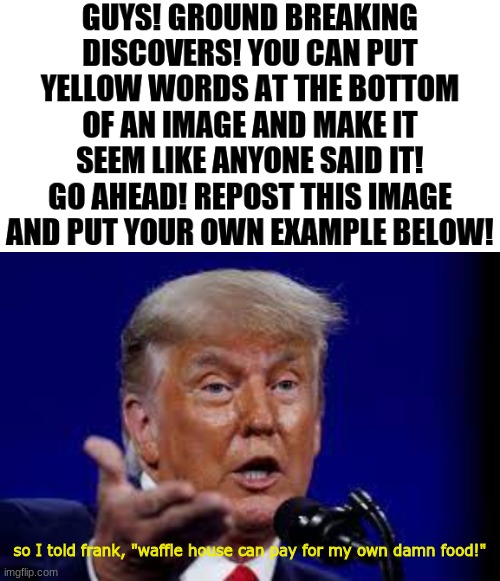 I'll admit I didn't come up with the BEST example but hey! see if you can come up with a better one! | so I told frank, "waffle house can pay for my own damn food!" | made w/ Imgflip meme maker